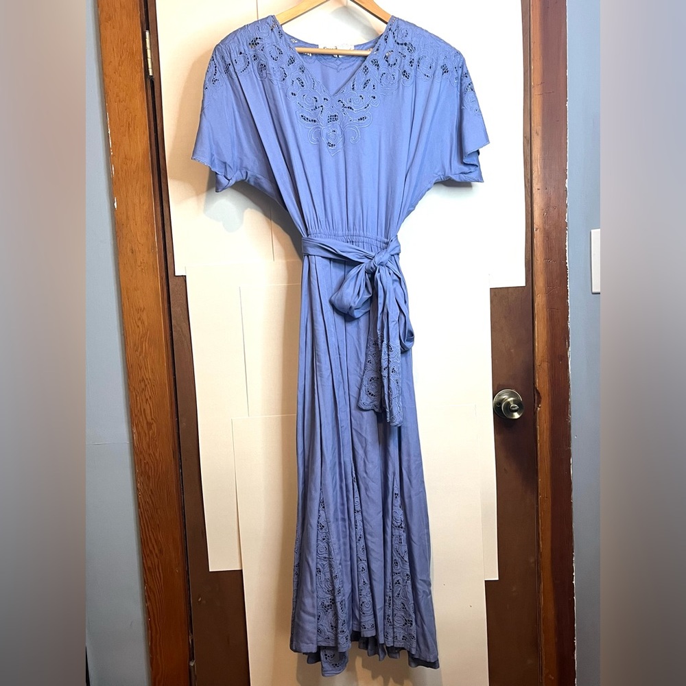 Susan Macy (VTG L/Fits M) Romantic Cornflower Blue Cottagecore Belted Maxi Dress